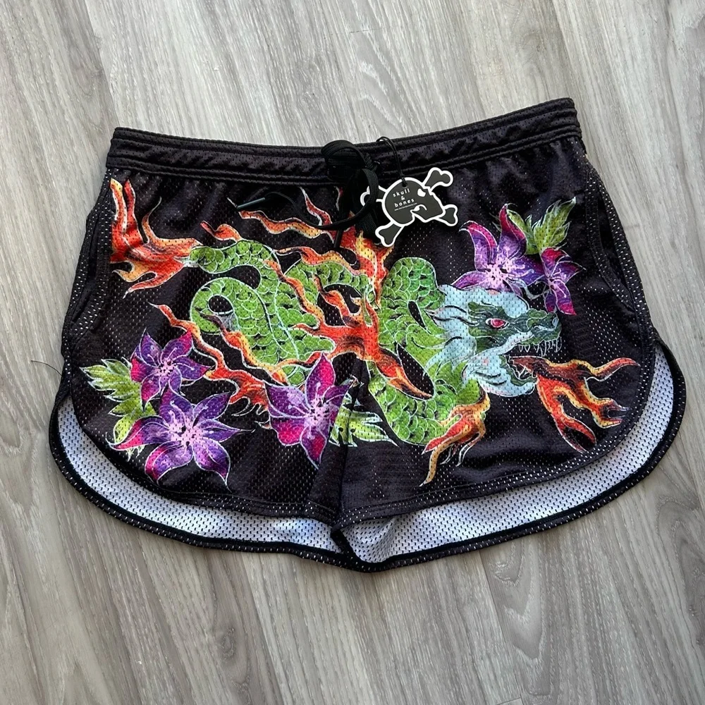Skull & Bones | Hand Painted Mesh Shorts in Black (Medium)